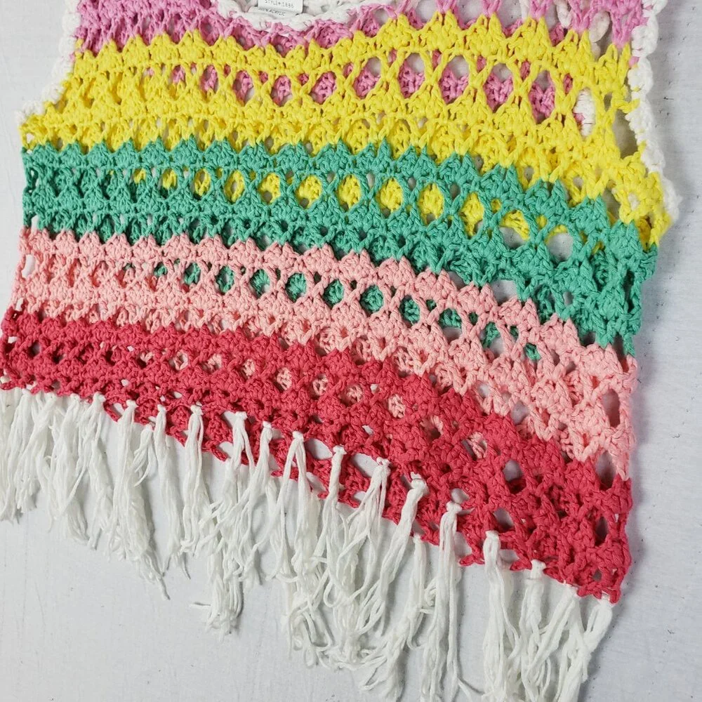 Vintage Y2K Boho Striped Colorful Fringe Crochet Knit 70s Sleeveless Top sz L/XL